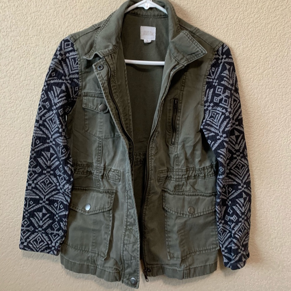 Nordstrom Army Green Jacket with Pattern Sleeves
